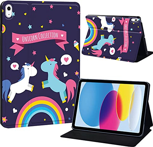 Printed Tablet Case for iPad 10th Generation 2022 10.9 Inch, Slim Hard Back 10th Gen Cover iPad Protective Smart Stand Case for iPad 10 Generation 10.9 (unicorn and rainbow)