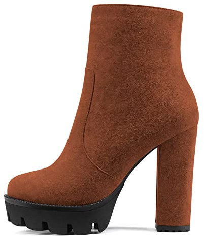 NobleOnly Donna Chunky Blocco Alto High Piattaforma Tacco Heel Rotonda Punta Stivaletti Cerniera Feste Classico Stivali Marrone 36 EU