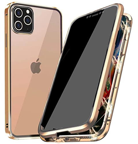 PingGoo Privacy Magnetische Hülle für iPhone 12 Pro Max, Anti Peep Magnetic Schutzhülle Case Cover,9H Gehärtetes Glas,Privacy Display Protector Metallrahmen Anti Spy Case Cover, Gold