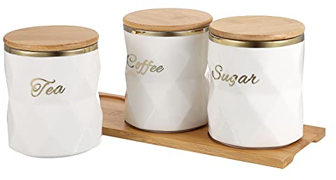 BTSKY White Ceramic Sugar Coffee Tea Canisters with Lid and Tray - Airtight Set of 3 Storage Canisters Food Storage Containers Pots Jars with Bamboo Lid for Kitchen Counter