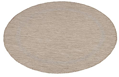 Teppium Outdoor Teppich Wetterfest 160 cm Rund Beige Sisal Optik - Küchenteppich Waschbar rutschfest, Wasserfest, Bordüre, Pflegeleicht - Ideal für Balkon, Terassen, Garten, Camping oder Küche