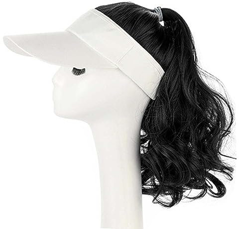 Hair Ponytail Wig Baseball Cap with Hair Long Wavy Hair Wig for Women,Casual Golf Hats With Hair Ponytail Baseball Cap(15.7 inches) (White hat+natural black)
