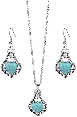 Dishowme Türkis Halskette Ohrringe Set Böhmische Edelstein Blume Anhänger Halskette 3Pcs Vintage Geometrische Wassertropfen Western Kostüm baumeln Schmuck für Frauen Mädchen