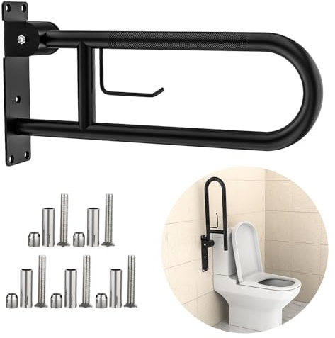 WC-Haltegriff, 61 cm, YuanDe Klapp-Haltegriff mit Papierhalter, mattschwarz, rutschfeste Sicherheitsstangen für Toilette, gerändelte WC-Griffe aus Edelstahl, für Senioren, Behinderte, ältere Menschen