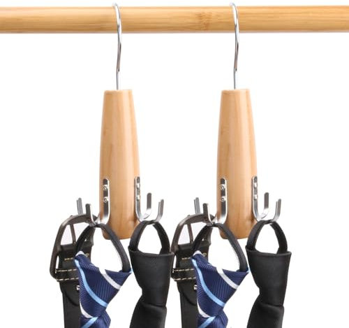 LMSAWK 2 Pezzi Portacinture in Legno, Rotazione a 360 Gradi Appendiabiti per Cravatte, Appendicravatte Gruccia, per Cintura, Cravatta, Sciarpa, Colore del Legno