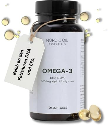Omega 3 vegan | 2000 mg Algenöl pro Tag | 90 Kapseln mit DHA, EPA & DPA Omega 3 Fettsäuren | zur kognitiven & kardiovaskulären Unterstützung | Nachhaltigen Fischöl-Alternative | Nordic Oil