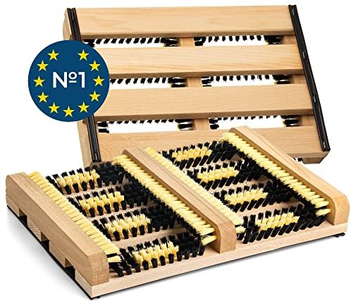 TIMELEOS Schuhabstreifer Aussen, rutschfest ideal für Aussenbereich und Innenbereich mit kräftigen Borsten, Bürsten, Fussabtreter, Schuhabtreter, Schmutzfangmatte, Seitenleisten (helles Holz 2er Set)