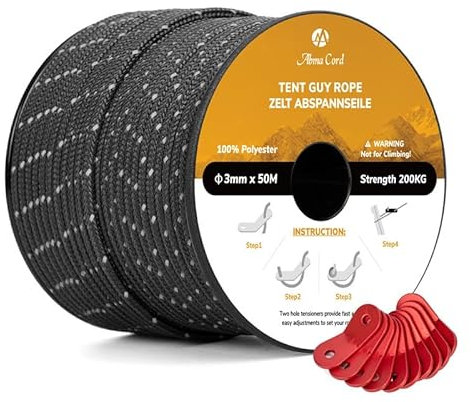 Abma Cord Tent Guy Ropes 3mm 50M Guy Line 10 Pcs Guy Rope Tensioners Heavy Duty Guide Rope for Camping, Gazebos, Awning, Tarp - Reflective Black
