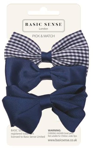 Basic Sense Pinces à cheveux avec nœud et élastique uni et vichy - Accessoires pour filles - Bleu marine