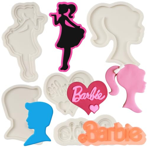 FCKEMLDS Girl Theme Fondant Mold Doll Head Letter Silicone Molds for Cake Decoration Cupcake Topper Chocolate Polymer Clay Gum Paste Set of 5, Gray