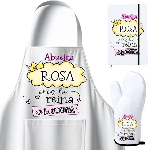 Kembilove Regalo Dia de la Madre - Pack Dia de la Madre Personalizado - Delantal Cocina - Manoplas Horno - Recetario - Regalos para Abuela - Abuelita Eres la Reina de la Cocina