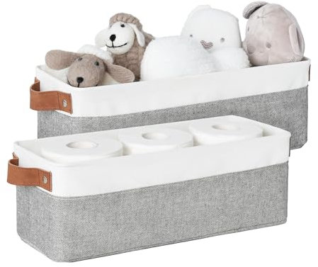 StorageWorks schmale Aufbewahrungskorb Bad, robuste kleine Körbe zum Ordnen, lange Stoffkörbe mit Griffen, Aufbewahrungskorb Stoff für Schublade, Stoff-Aufbewahrung für Regale, grau und weiß, 2 Stück
