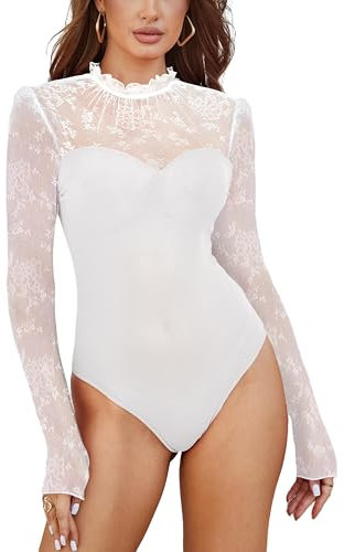 SEBOWEL Damen Spitze Body Sexy V-Ausschnitt Langarm Bodysuit Sheer Mesh Body Tops One Piece Spitze Dessous Weiß S