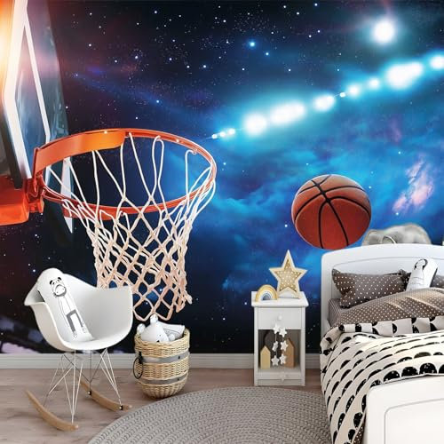Basketball Game Photo Mural - 450 x 315 cm Non-Woven Premium Fleece Wall Mural - High Definition Art Print Teen Bedroom Game Room Decoration Environmental Friendly Sports Photo Wallpaper