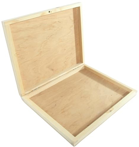 WooDeeDoo Shallow Wooden Box with Lid & Magnetic Catch | 22 x 18 x 3 cm | Merci Keepsake Trinket Valuables Storage Organiser Gift Holder Case | Unfinished Decorative Wood