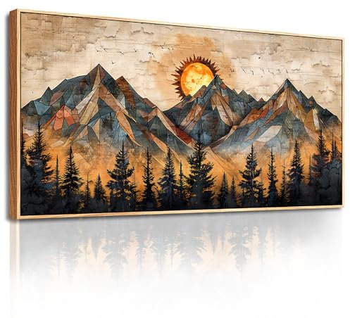 MHARTK66 Goldene Geometrische Berge Bilder Mit Rahmen Holz, Landschaft Leinwand Bild Aesthetic, 60x120 cm XXL Wandbilder Wohnzimmer, Modern Wanddeko Kunstdruck Schlafzimmer Esszimmer Büro Küche