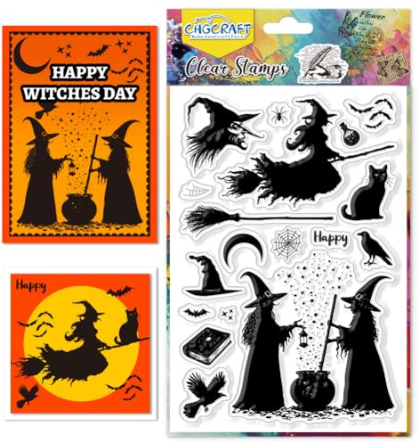 CHGCRAFT Witch Silhouette Clear Stamps Schwarze Katze Transparent Stamps Magic Hat Silikon Clear Stamp Seals für DIY Scrapbooking Fotoalbum Dekoration, 4.3x6.3 inch