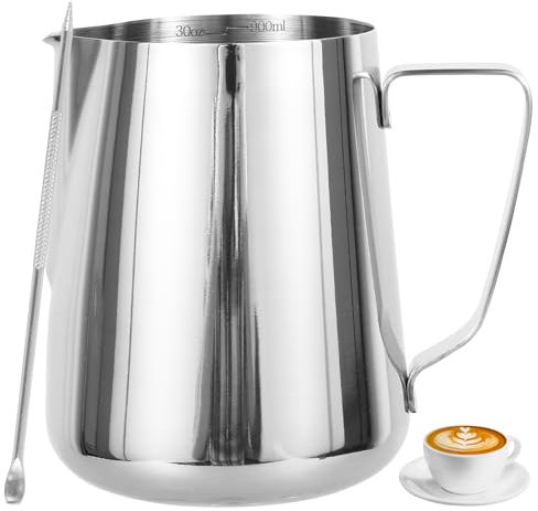 Milk Frother Jug 900ml/30oz Milk Frothing Jug Stainless Steel Milk Coffee Pitcher Cup with Measurement Mark & Latte Art Pen, Espresso Steaming Pitchers for Making Cappuccino Latte Coffee Art