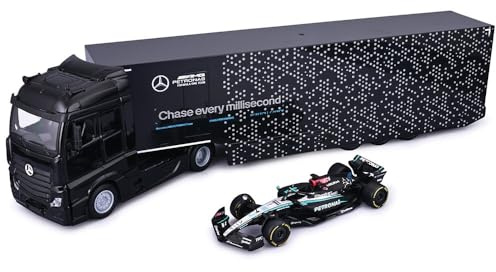 Bburago - Mercedes-AMG Semi Truck mit W15 2024#63 Russell, Diecast-Set Maßstab 1:43, Transporter mit F1-Auto, Lizenz, Alter 3+