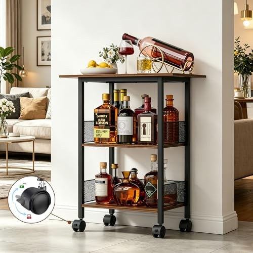 NEYCIL Freestanding Bar for Whiskey, 3 Tier Bar Cabinets Mini Bar Wine Table Whiskey Liquor Bottle Display Stand, Corner Cabinet for Kitchen, Dining Room, Living Room, Black