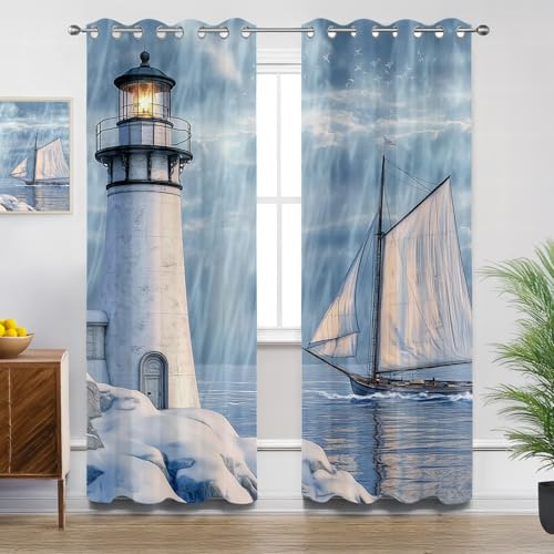Generisch Blickdichte Gardinen Leuchtturm - Verdunkelungsvorhang Nautisch Segelboot Ozean Vorhang mit Ösen für Schlafzimmer Wohnzimmer Kinderzimmer - 2er Set - H175 x B140cm