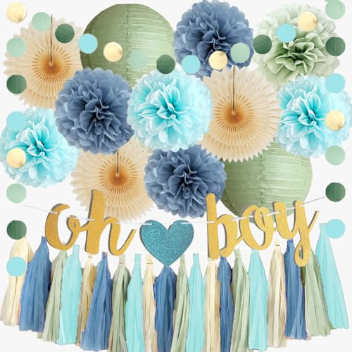 Babyparty Deko Grün Blau Oh Boy Babyparty Deko Junge Salbeigrün Blau Babyshowerparty Deko Junge Hellblau Grün Pompons mit Guaste Salbei Beige für Retro Baby Shower Boy