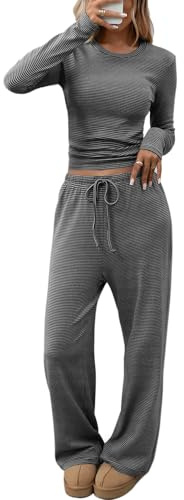 CHYRII Damen Womne Striped Two Piece Pant Sets Hosen-Sets (2er Pack) | Pyjama-Sets aus weicher Baumwolle, tailliertes langärmeliges Oberteil, Kordelzug mit weitem Bein, Palazzo-Hose