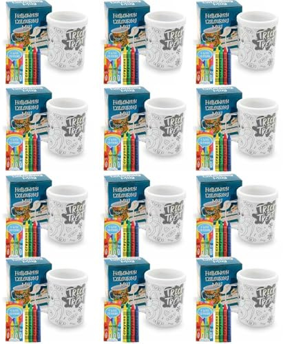 I LOVE FANCY DRESS 12x Halloween Mugs Colouring Set with 48 Crayons – Fun Kids DIY Colouring Activity, Reusable Trick or Treat Gift, Creative Halloween Party Favour & Arts and Crafts Kit