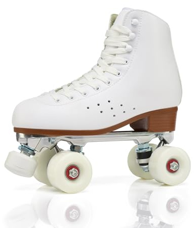 XNEOPP Patines 4 Ruedas De Mujer Adultos, Material De Microfibra Patines Derby De Rodillos De Doble Fila Clásicos, Profesionales De Roller Derby para Niñas Y Niños Interiores,Blanca,EU/40
