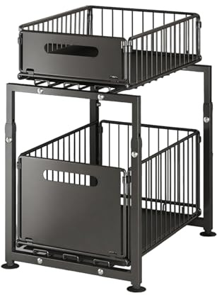 KATLKIU Lot de 1 Étagères sous Évier avec Paniers Amovibles – Meuble de Rangement Réglable en Hauteur en Acier Carbone, Stable et Antiglisse, Organisateur pour Cuisine, Salle de Bain et Placard, Noir