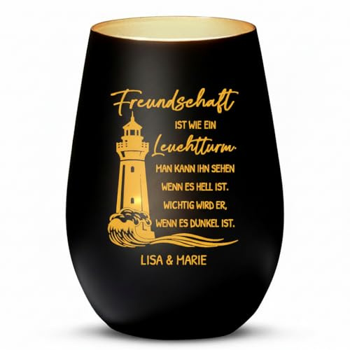Love Faith personalisiertes Windlicht - Freundschaft - schwarz/Gold | Mattiertes Teelichtglas mit Namensgravur - Stimmungsvolles Geschenk für deine Freunde zum Geburtstag oder Weihnachten