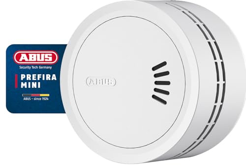ABUS Prefira Mini Détecteur de Fumée Certifié Q Label, Pile Autonomie 10 Ans, Réduction des Fausses Alertes, Détection de Fumée à 2 LED, Luminosité LED Adaptative, Support Magnétique et Adhésif