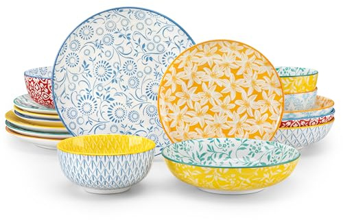 vancasso Selene 16 Pieces Dinnerware Sets for 4, Colorful Porcelain | Floral Patterned Dinner Set Crockery Set with Dinner Plate/Dessert Plate/Pasta Bowl/Cereal Bowl, Mircowave & Dishwasher Safe