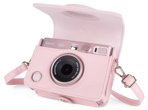MUZIRI KINOKOO Schutzhülle für Fuji Instax Mini EVO Sofortbildkamera, PU-Leder, Mini EVO Schutzhülle in Litschi-Textur, horizontaler Stil, mit verstellbarem Schultergurt, Gentle Rose