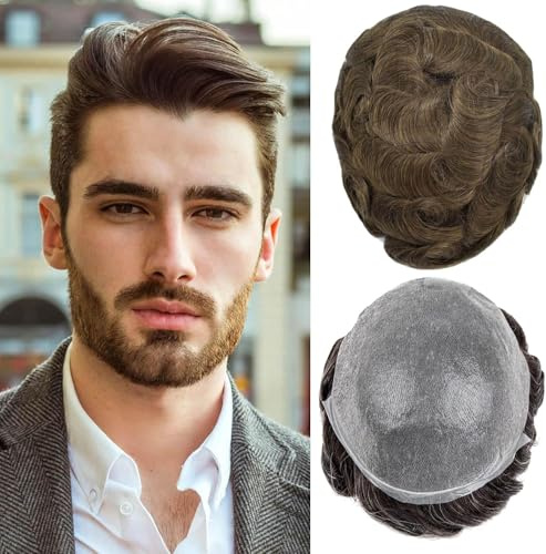 Men's Toupee Real Hair Ultra-Thin 0.03mm Skin Toupee for Men 100% Human hair replacement system for Men Light Medium Density Hairpiece （#5）
