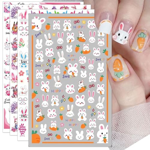 Muorruo 4 Sheets Easter Nail Stickers – Pink Rabbits and Flowers, Self-Adhesive 3D Bunny Nail Stickers for Springtime Flower and Carrot Manicure, Nail Decoration Accessories for Women