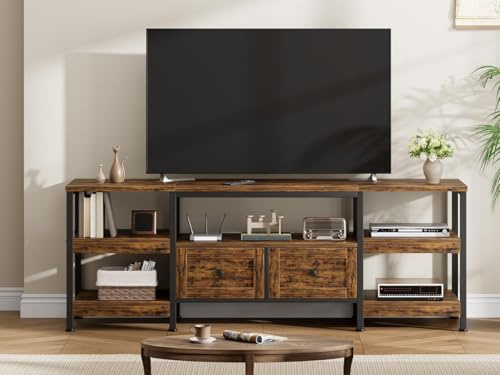 Niwugady TV-Schrank, Industrial Möbel Lowboard für Fernseher bis zu 75 Zoll, 180 cm Lang, Fernsehtisch mit 2 Schubladen, 5 Offenen Fächern, 180 x 40 x 65cm, Wohnzimmer, Stahlgestell, Vintagebraun