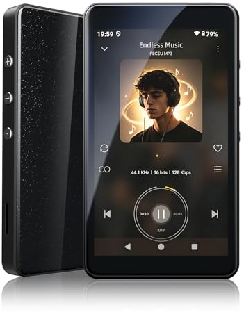 PECSU Android 14 MP3-Player mit Spotify, Play Store, Amazon Music, Audible, Libby, 4-Zoll-Touchscreen-MP4-Musikplayer für Kinder mit Kindersicherung, Augenschutzmodus, 2000mAh (Schwarz)
