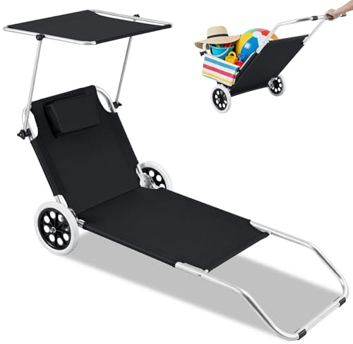 Jaxguom 2-in-1 Aluminium Sonnenliege mit Rollen, Strandliege klappbar leicht rostfrei, Verstellbarer Liegestuhl mit Sonnendach Kissen, Rollliege für Garten Strand, Transporthilfe, Schwarz