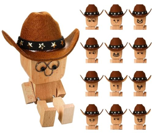Schüttelmann Wackelfigur Auto, 7,5x6cm Schüttelnde Holzmann-Figur aus Holz mit 12 magnetischen Ausdrücken und Cowboyhut, Lebendig Wackelkopf-Autodekoration Handgefertigter Auto Armaturenbrett Decor