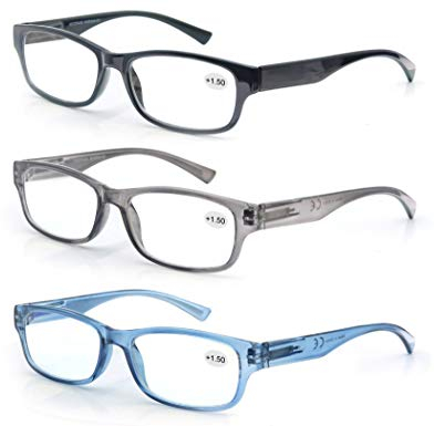 3 Pack Lesebrille 1.75 Herren/Damen,Gute Brillen,Hochwertig,Rechteckig,Komfortabel,Super Lesehilfe,fur Manner und Frauen,Schwarz-Blau-Grau