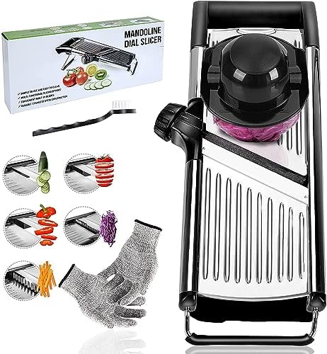 Masthome Mandolina de Acero Inoxidable Profesional, Mandolina Multifuncional Ajustable, Mandolinas Hacer Rodajas Gruesas de 1 a 9 mm - con Guantes a Prueba de Cortes y Cepillo de Limpieza, Negro