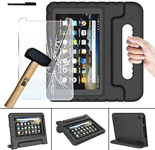 FINDING CASE for Amazon Fire HD 8 Tablet | Fire HD 8 Case (8th / 7th / 6th Gen - 2018,2017,2016 Release) With Glass Screen Protector Cover - ShockProof Handle Foam Stand Kids Cover black