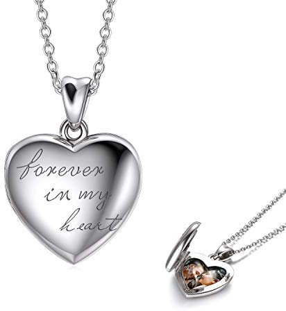 LONAGO Personnalisé Médaillon Photo Collier Argent Sterling 925 Douane Médaillon Coeur Qui Contient des Images Pendentif Bijoux pour Femmes (Or Blanc pour Toujours Dans Mon Coeur-Médaillon)