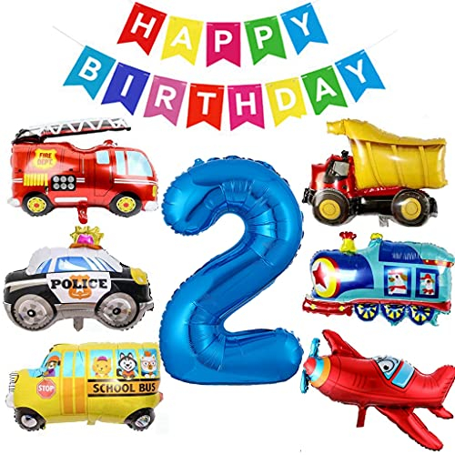 Ohaoduo Auto 2 Geburtstag Deko, 2. Geburtstag BAU Dekoration, 2 Jahr Auto Kindergeburtstag Deko, Junge Auto Folienballon Ingenieurfahrzeug Feuerwehrauto Flugzeug Polizeiauto Schulbus Zug
