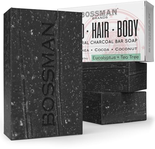 Bossman 4-in-1 Charcoal Soap Bar for Men (4 oz) - Eucalyptus & Tea Tree 3pk