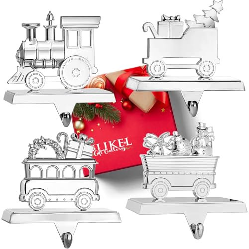 Klikel Strumpfhalter 4er Set - Weihnachtszug Strumpf Aufhänger für Kaminsims - Glänzend Silber Metall Weihnachtsstrumpfhalter für Kaminsims - Schwerer Strumpfhalter für Kaminsims mit Haken