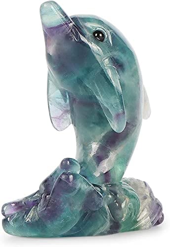 Hxswkk 5,6 cm große Delfin-Statue aus poliertem Edelstein, handgeschnitzte Tierskulptur, Regenbogen-Fluorit