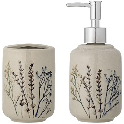 Bloomingville Bea Seifenspender und Becher Set aus Steingut, Natur | 350ml, 400ml, 82055045