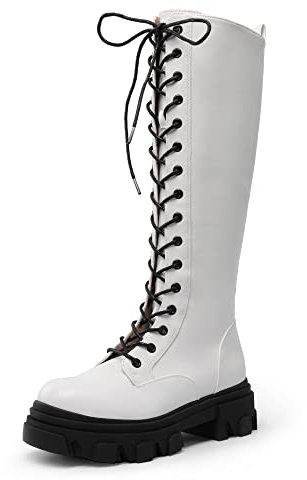 DREAM PAIRS Donna Stivali Alti al Ginocchio Moda Stivali Alti da Donna con Lacci e Suola Spessa,Size 40.5,Bianco/Pu,SDKB221W